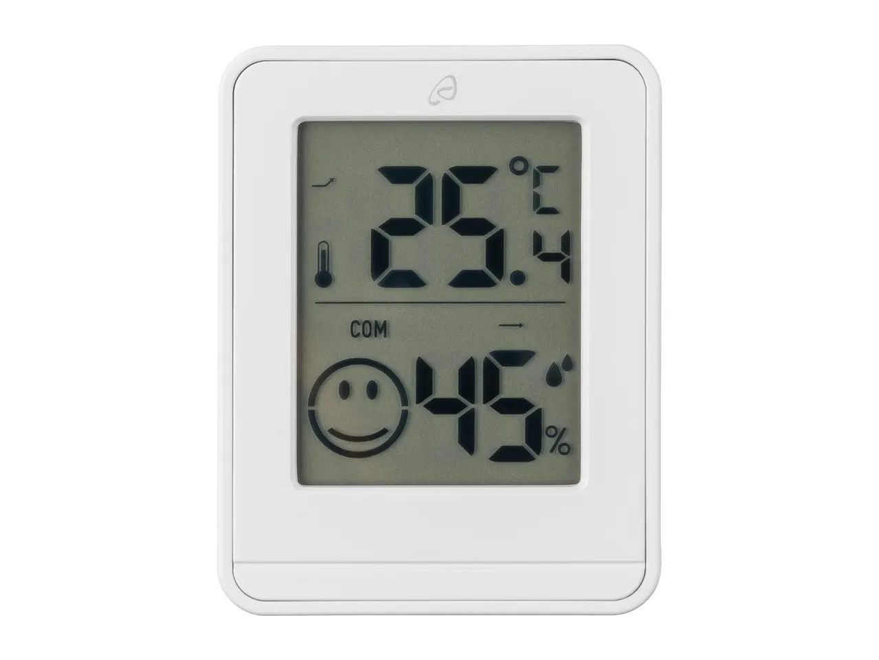 A white digital thermometer and hygrometer displays 23.4°C and 45% humidity.