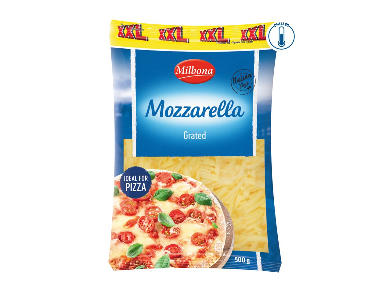 Milbona Grated Mozzarella, 500g, ideal for pizza, Italian style, chilled.