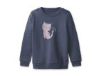 Dunkelblauer Kinderpullover mit einer schlafenden Katze und dem Wort „Meow“.