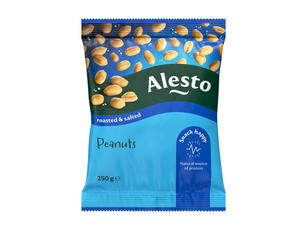 Paahdettuja ja suolattuja maapähkinöitä sinisessä pussissa, jossa lukee 'Snack happy' ja 'Natural source of protein'.