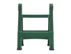 Green plastic step stool with two steps and a handle, isolated on a white background.