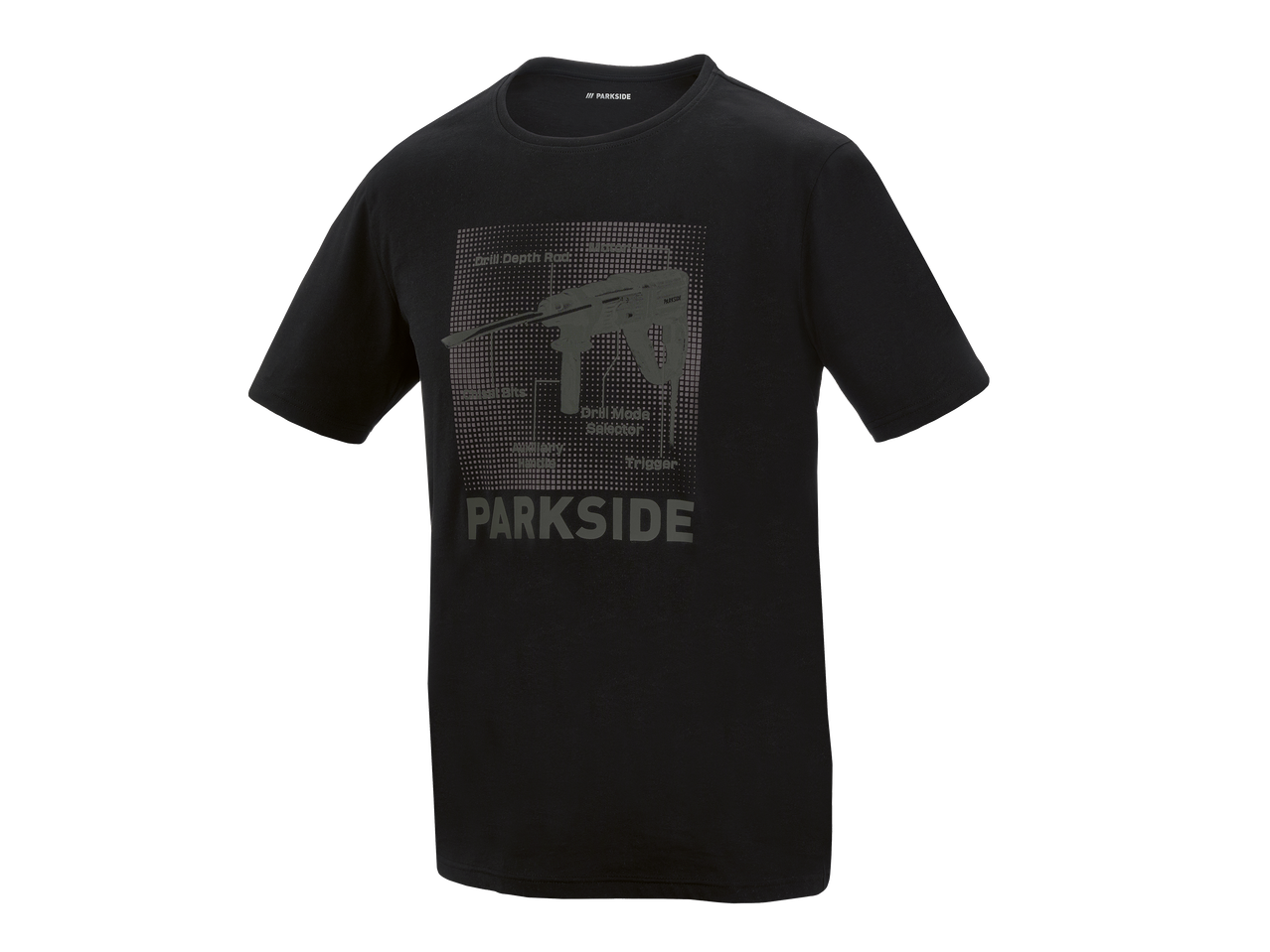 T-shirt noir avec un motif de perceuse et des textes techniques sur le devant.