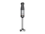 A grey and silver hand blender with two buttons and an orange accent.
