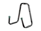 Black metal wall hook with green rubber tips for hanging tools or equipment.