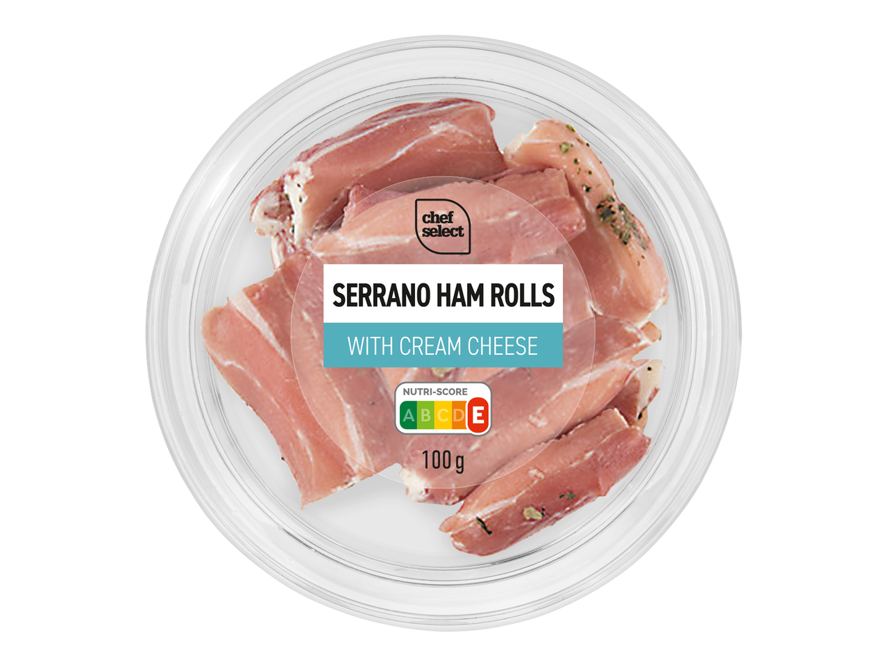 Roulés de jambon serrano au fromage frais dans un emballage transparent, avec Nutri-Score E et 100 g.
