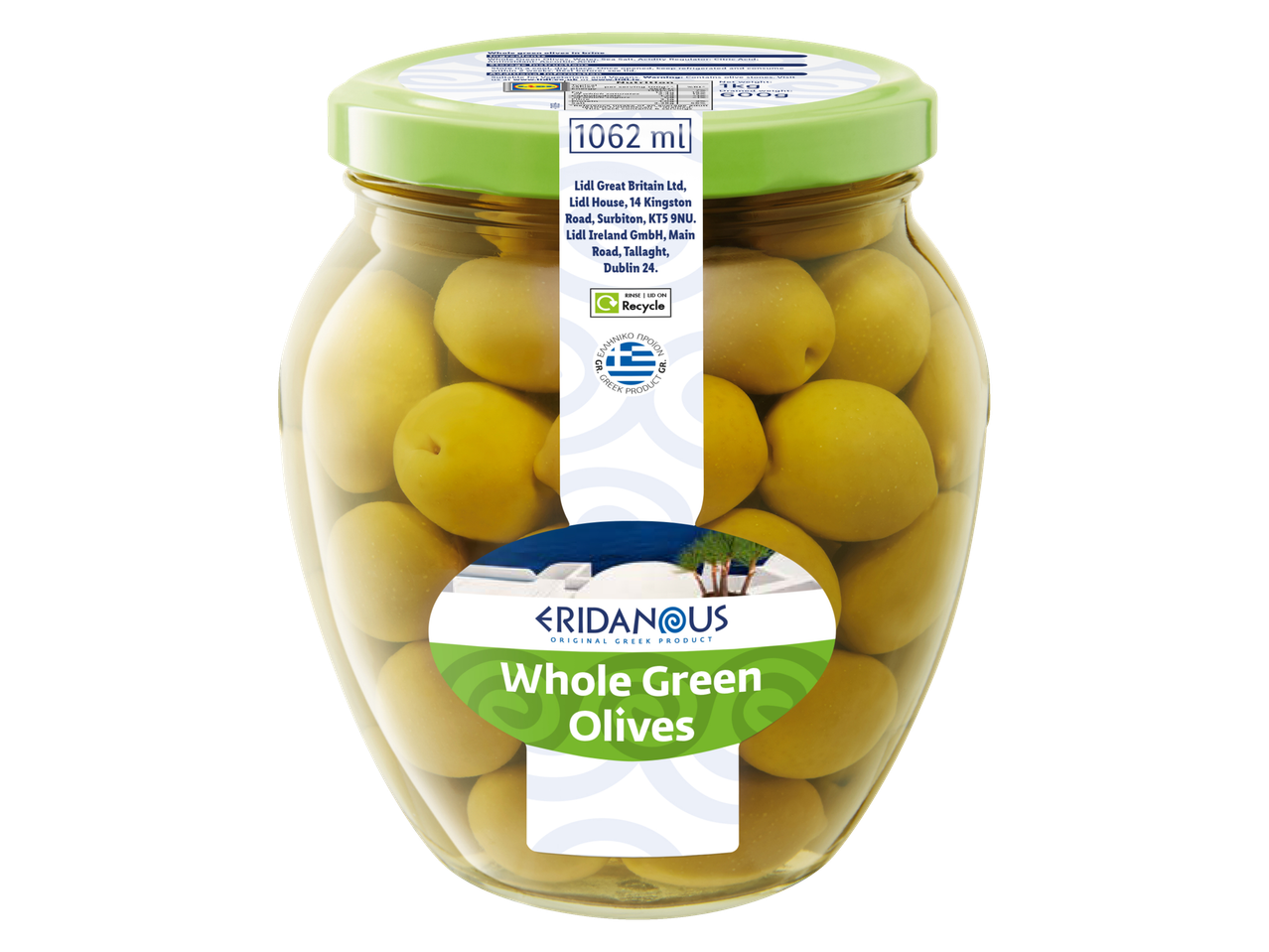 Eridanus whole green olives in a jar.