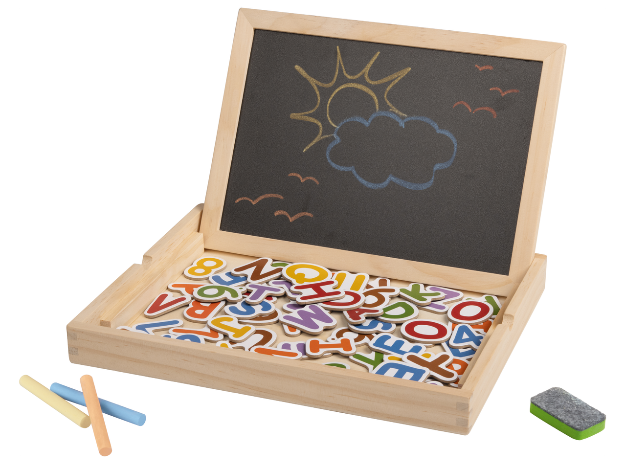 Дървена дъска за писане с тебешир, магнитни букви и цифри, тебешири и гъба.
