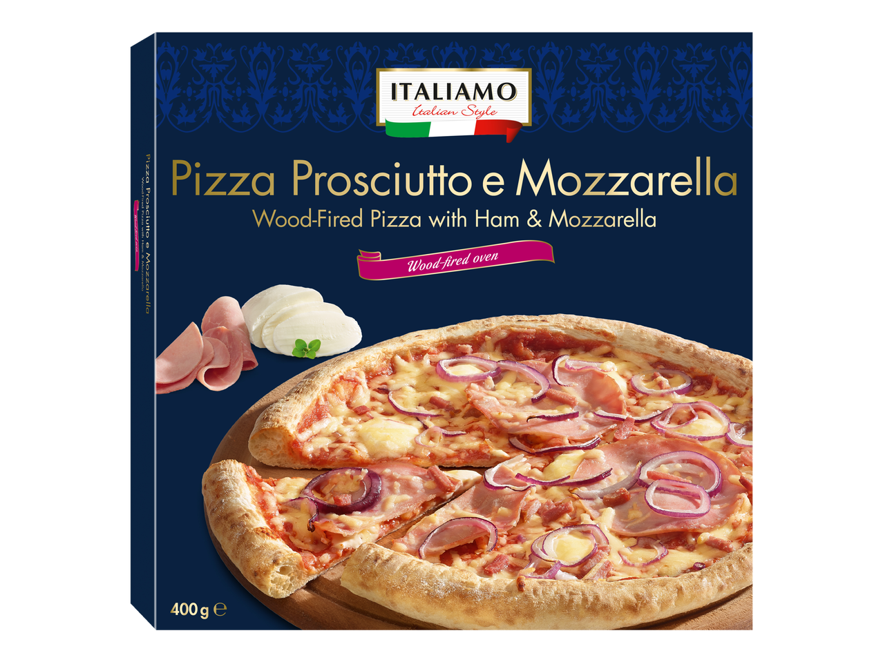 ITALIAMO Italian Style Pizza Prosciutto e Mozzarella: A wood-fired pizza with ham and mozzarella.