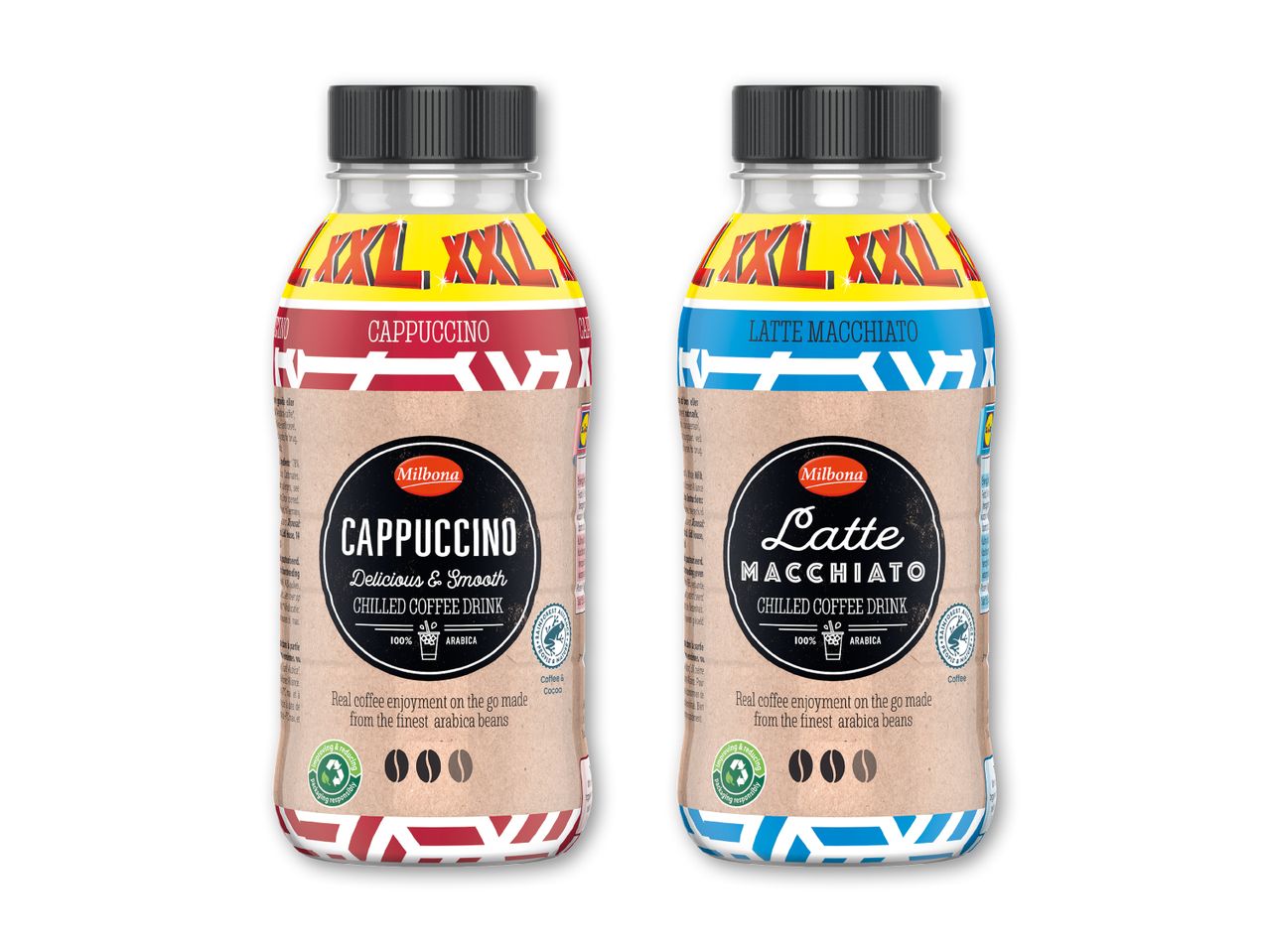 To flasker med kølet kaffe, en cappuccino og en latte macchiato, begge i XXL-størrelse.