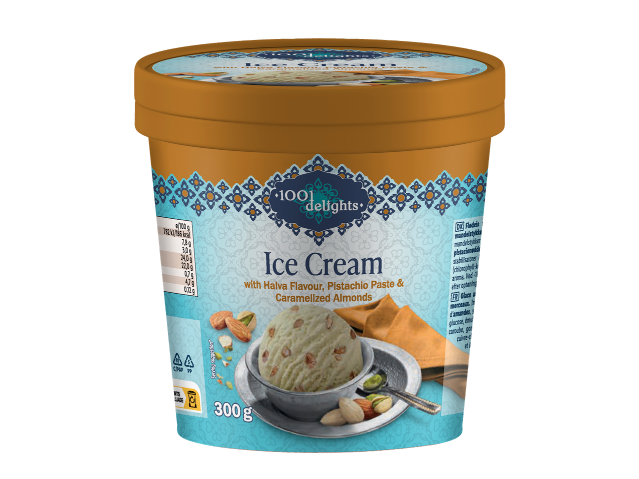 Pot de glace 1001 Delights halva, pistache et amandes caramélisées.