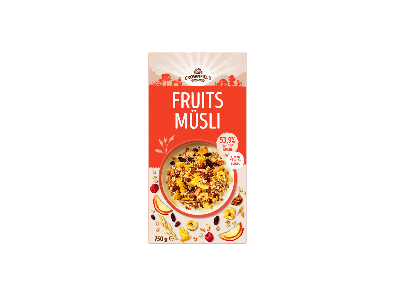 Muesli cu fructe Crownfield, bogat în fructe și cereale integrale.