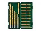 A green case containing a set of golden drill bits and screwdriver bits, including Phillips, Pozi, and flathead types.
