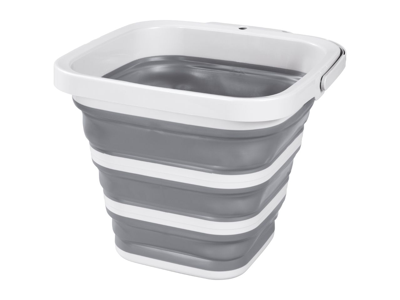 Grey and white collapsible bucket with a handle, shown expanded and ready for use.