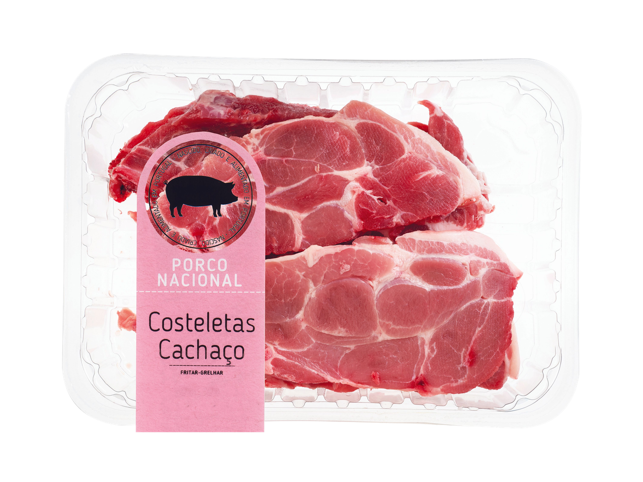Costeletas de cachaço de porco nacional para fritar ou grelhar, embaladas.