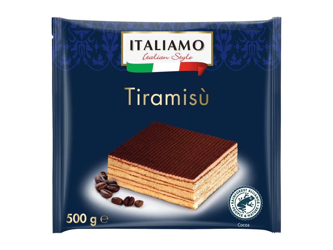Tiramisu dessert in a dark blue package with Italian style branding and coffee beans.