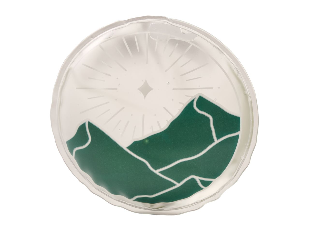 Round gel pack with a green mountain design and a starburst pattern.