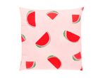 Pink cushion with a watermelon pattern, featuring both printed and embroidered slices.