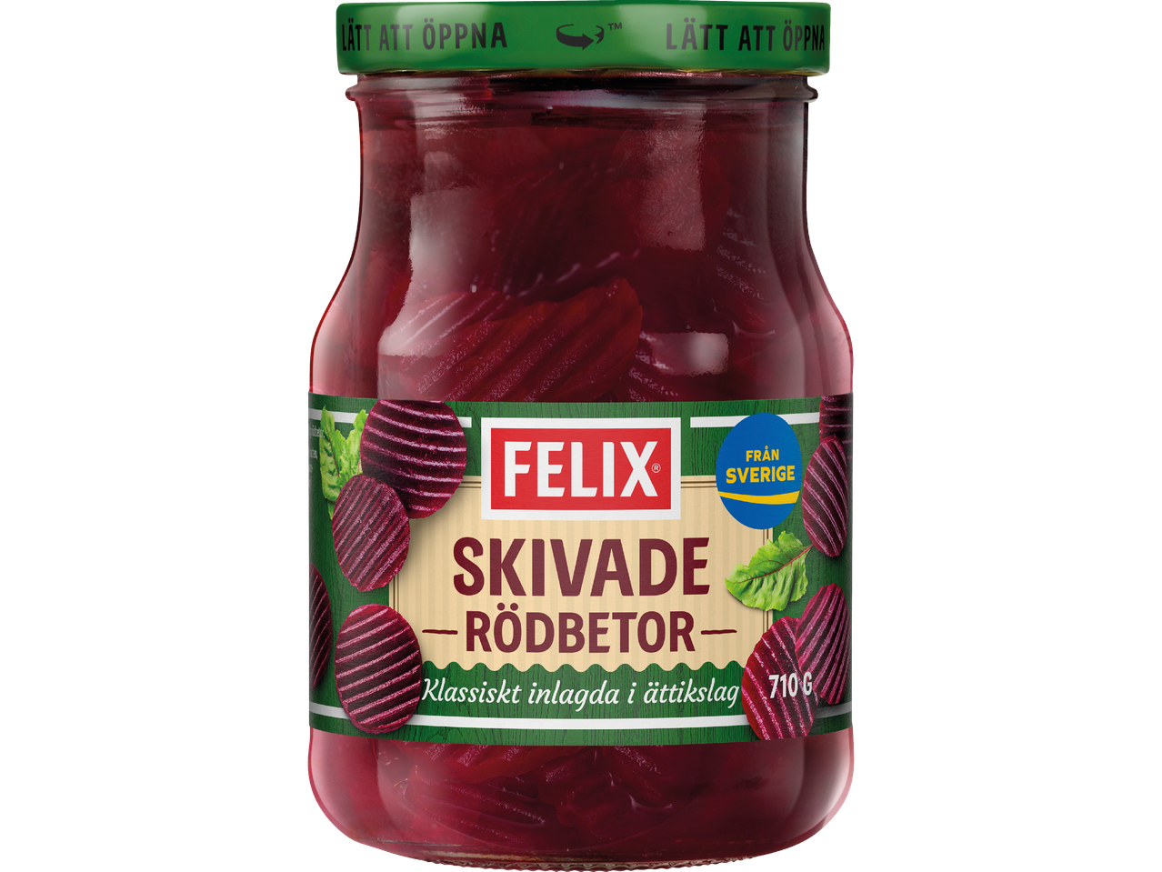 Burk med skivade rödbetor, klassiskt inlagda i ättikslag, 710g.