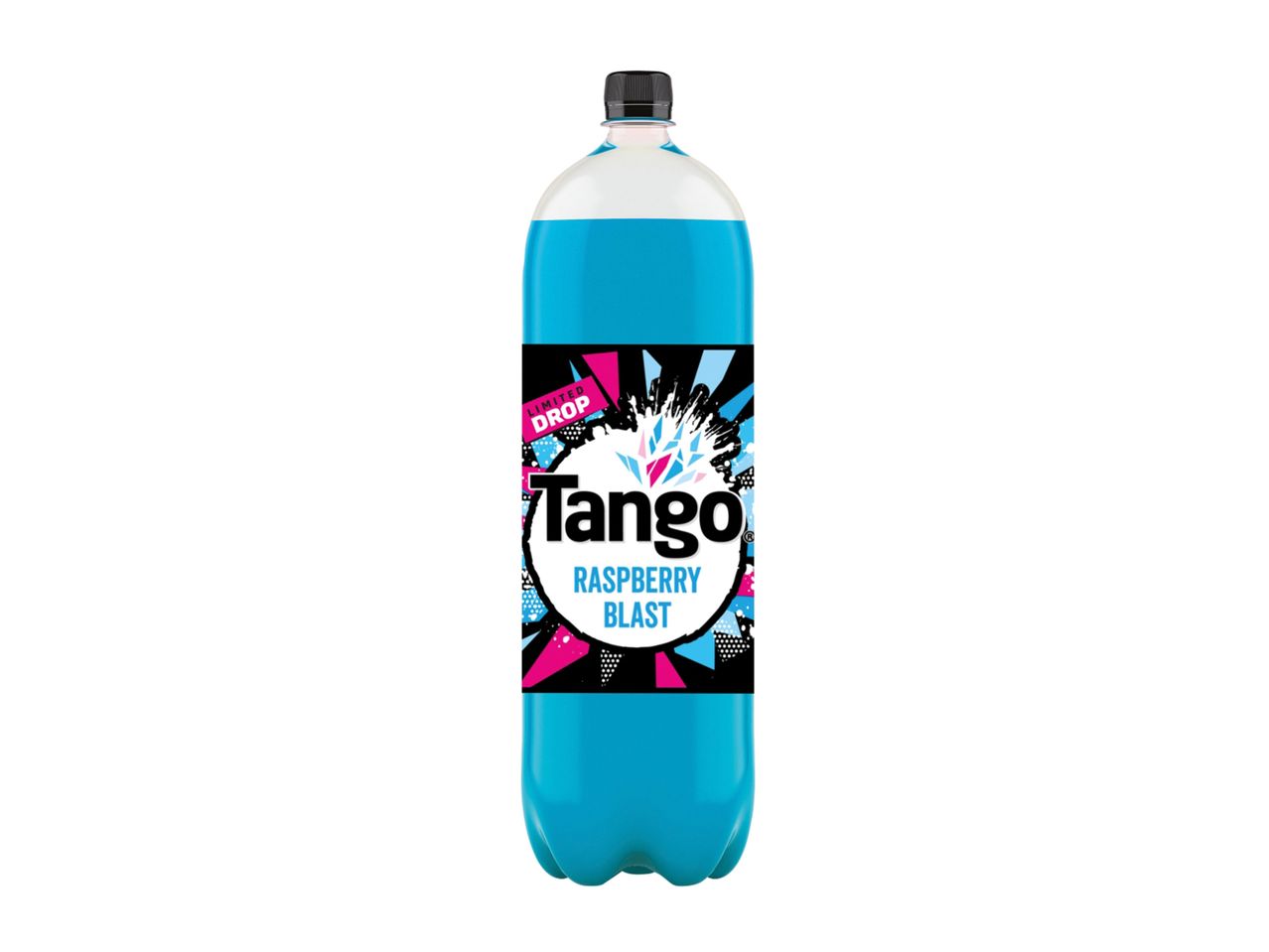 A 2-liter bottle of Tango Raspberry Ice soft drink.