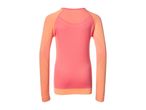 Back view of a two-tone long-sleeved athletic shirt in coral and peach.