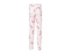 Pink children's leggings with a purple unicorn pattern.
