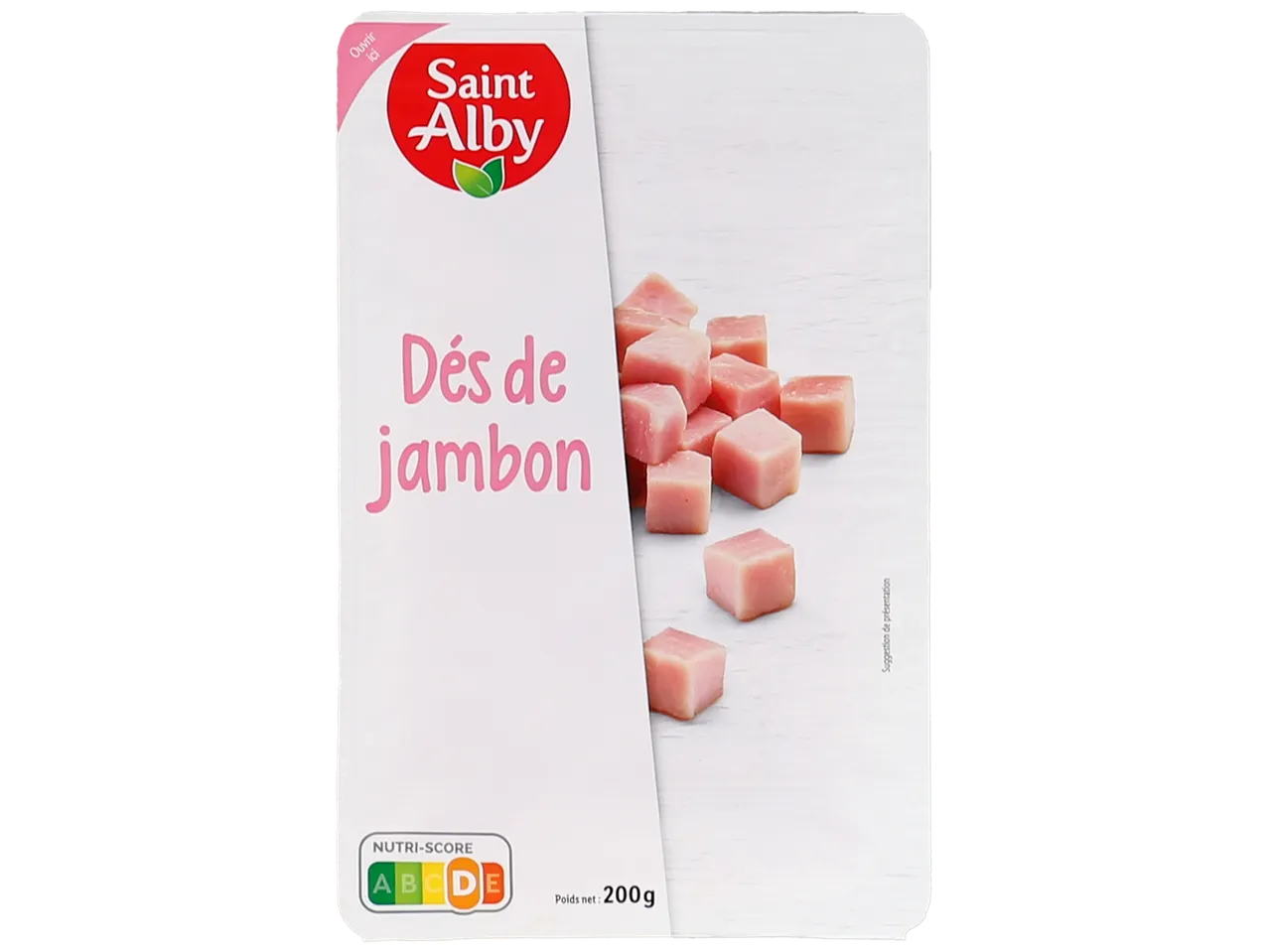 Paquet de dés de jambon avec Nutri-Score D et un poids net de 200g.