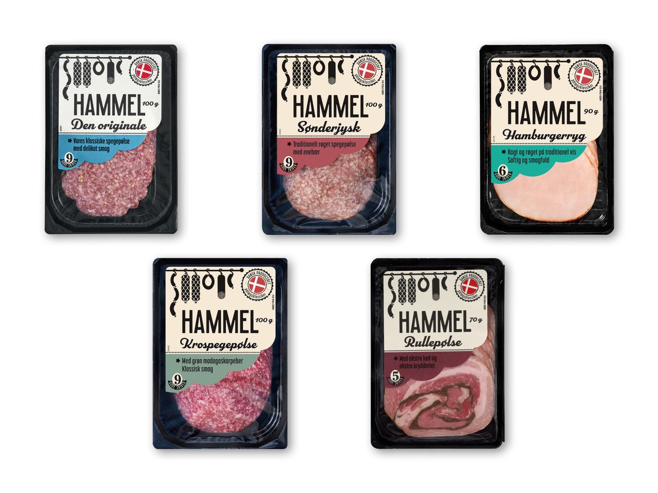 Fem pakker Hammel-pålæg, herunder spegepølse, hamburgerryg og rullepølse.