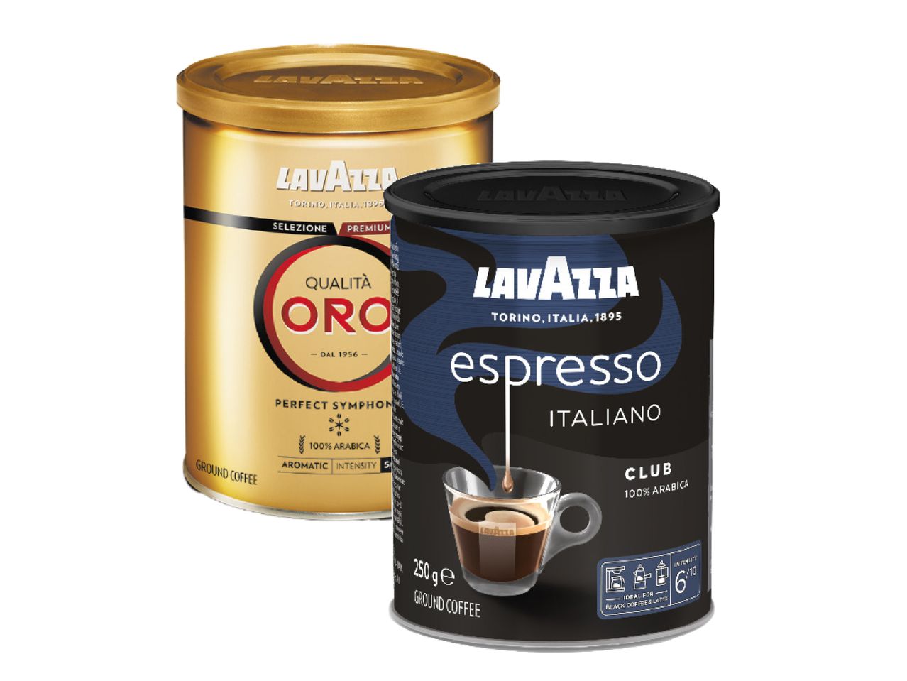 Divas Lavazza kafijas bundžas: zelta krāsas Qualità Oro un melna Espresso Italian.