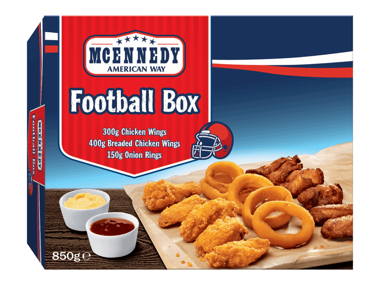 McEnnedy Football Box: sisältää kanafileitä, siipipaloja ja sipulirenkaita.