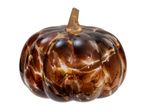 Brown glass pumpkin decoration with a clear stem, featuring swirling patterns.