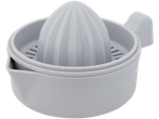 A gray plastic citrus juicer with a ribbed top and a separate container for collecting juice.