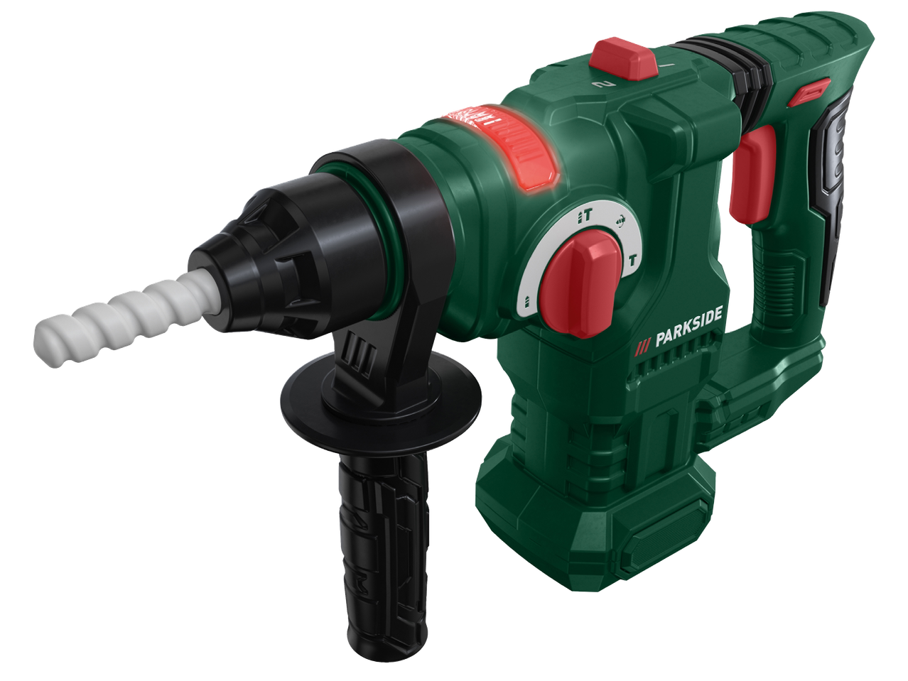 Зелен перфоратор с червени бутони и бяло свредло, с допълнителна черна дръжка.