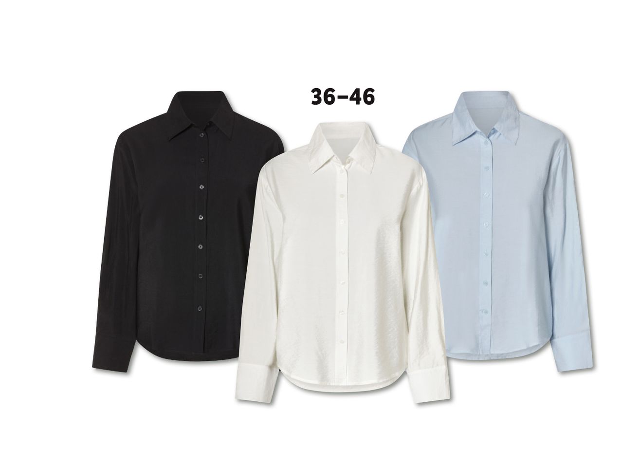 Kolm särki: must, valge ja helesinine, suurused 36-46.