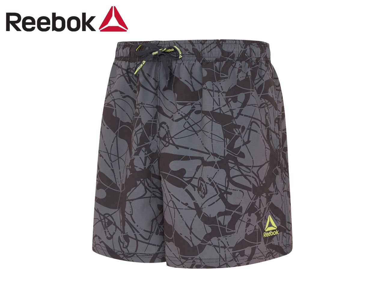 Grey swim shorts with a black abstract pattern and a yellow logo on the bottom right.