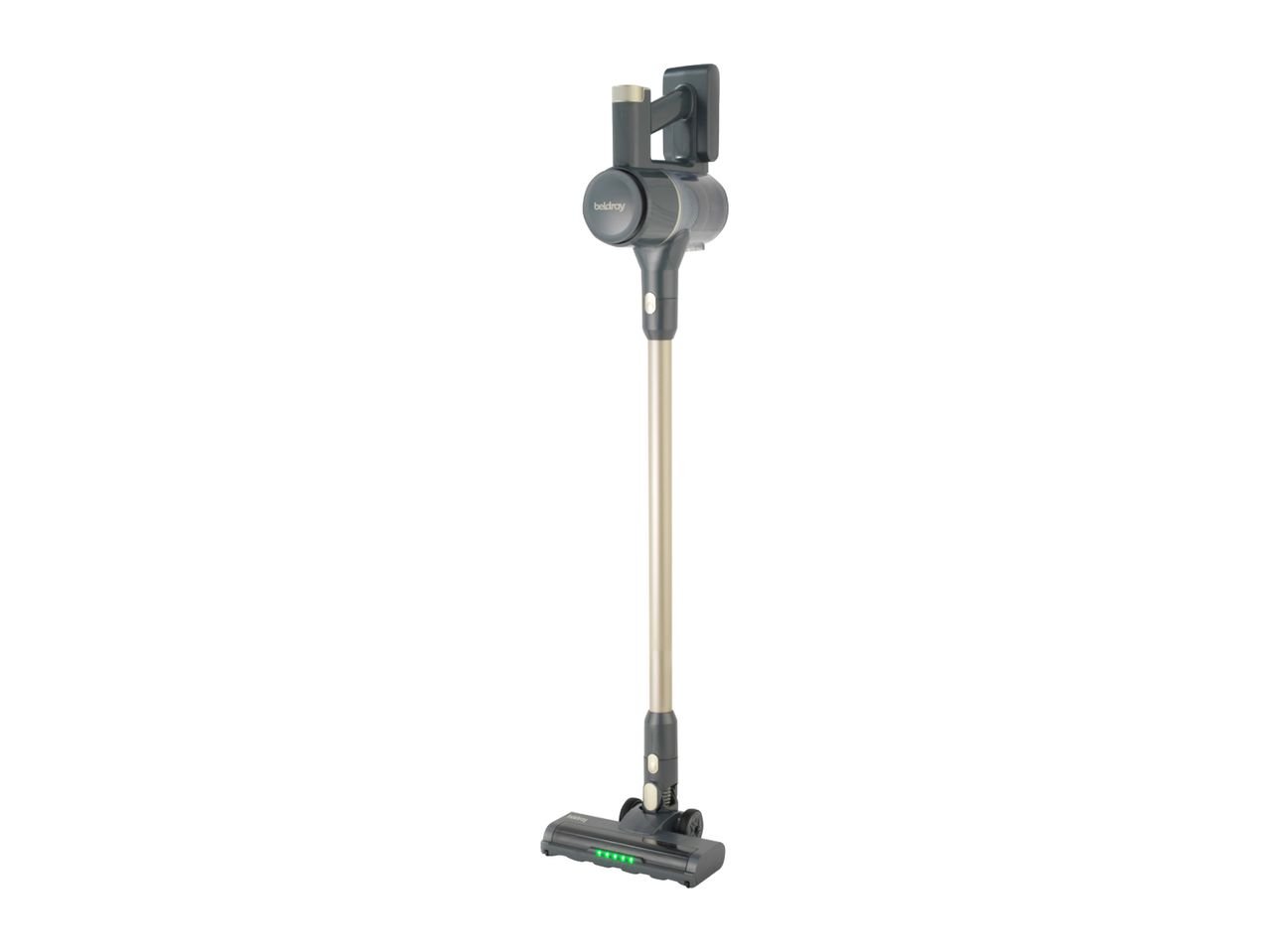Cordless stick vacuum cleaner with a grey body and gold-colored extension wand.