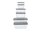Stack of clear rectangular food storage containers with dark grey lids, varying in size.