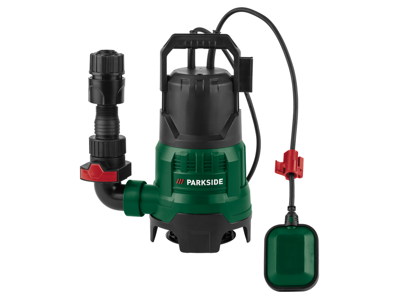 Pompe immergée Parkside avec interrupteur à flotteur et raccord de tuyau.