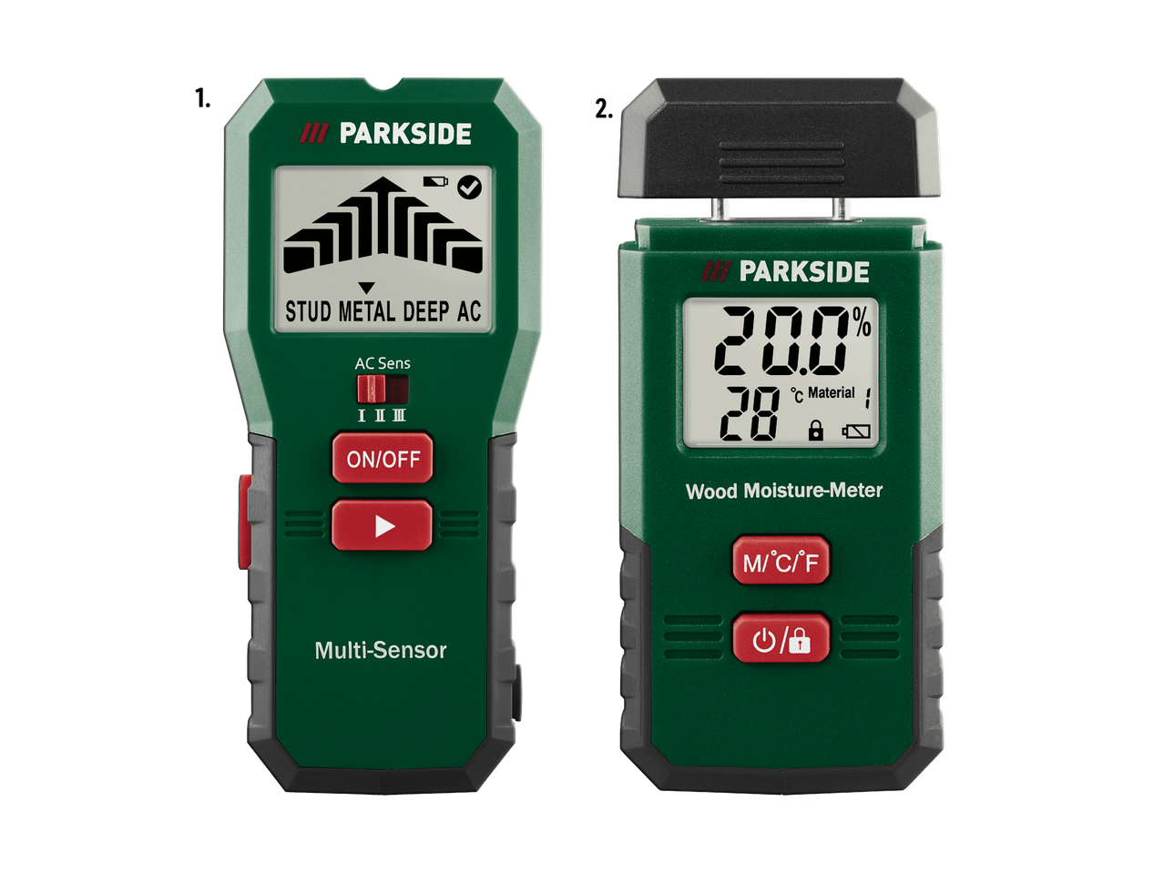Multisensor-Detektor und Holzfeuchtemessgerät mit Digitalanzeige.