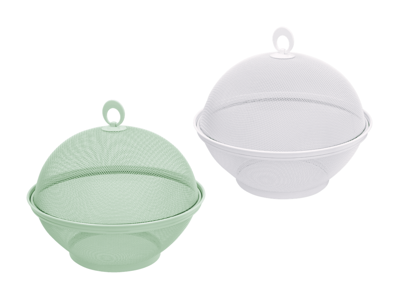 Deux cloches alimentaires en maille, une verte et une blanche, pour protéger les aliments.