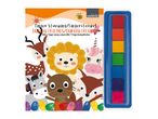 A children's coloring book featuring adorable animals and a set of watercolor paints.