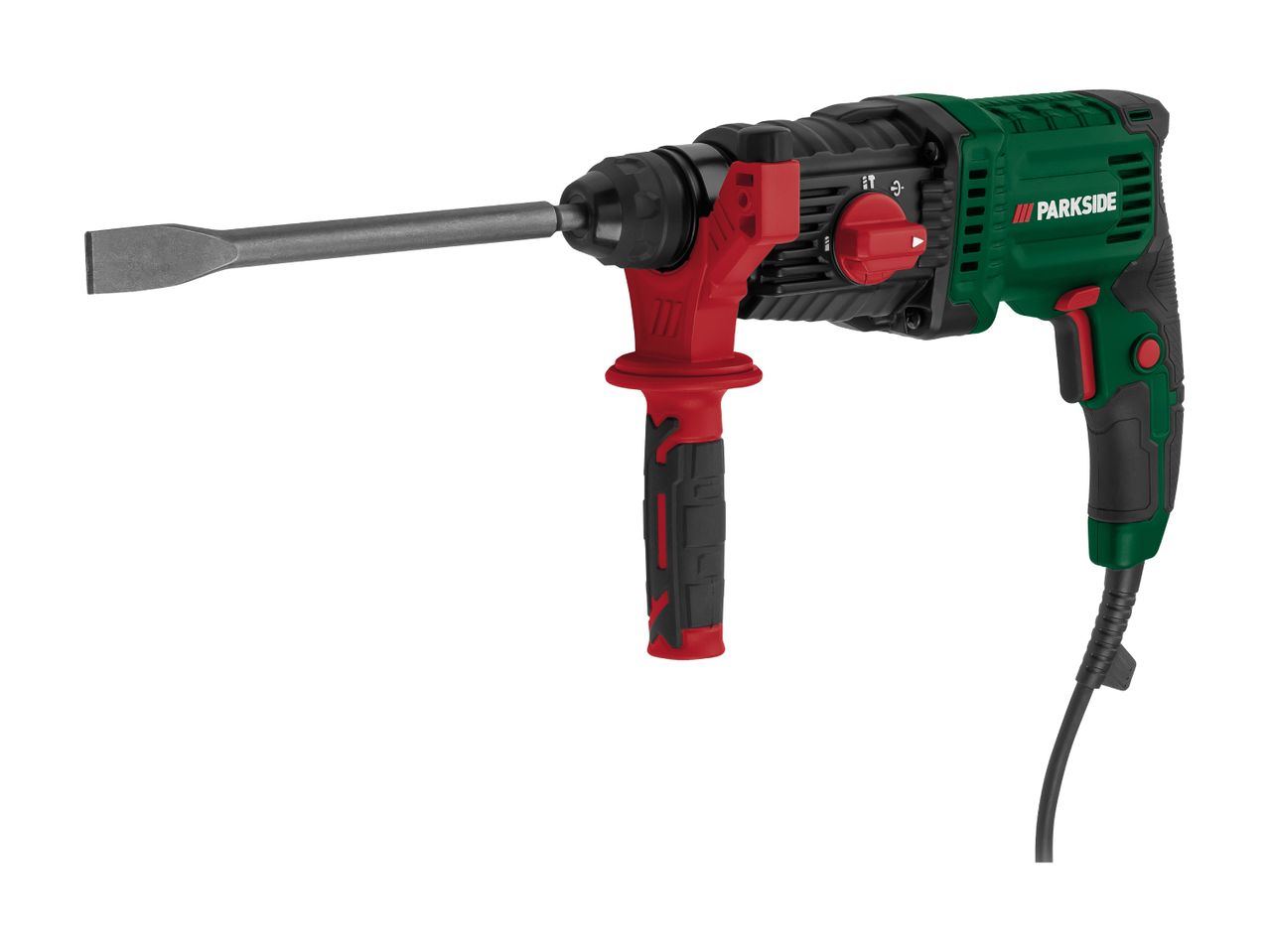 A green and red rotary hammer drill with a chisel bit attached.