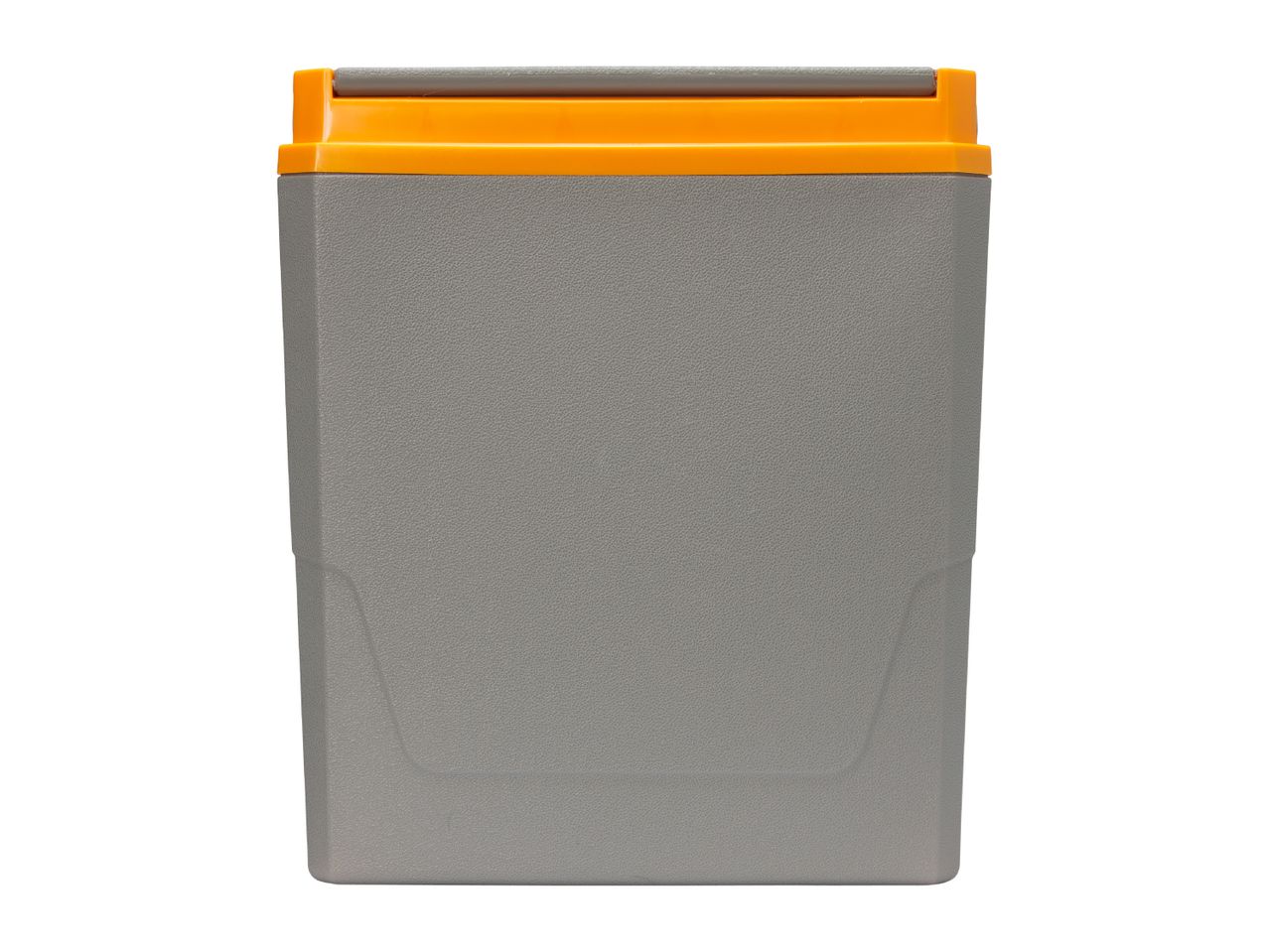 Grey cooler box with an orange lid and handle
