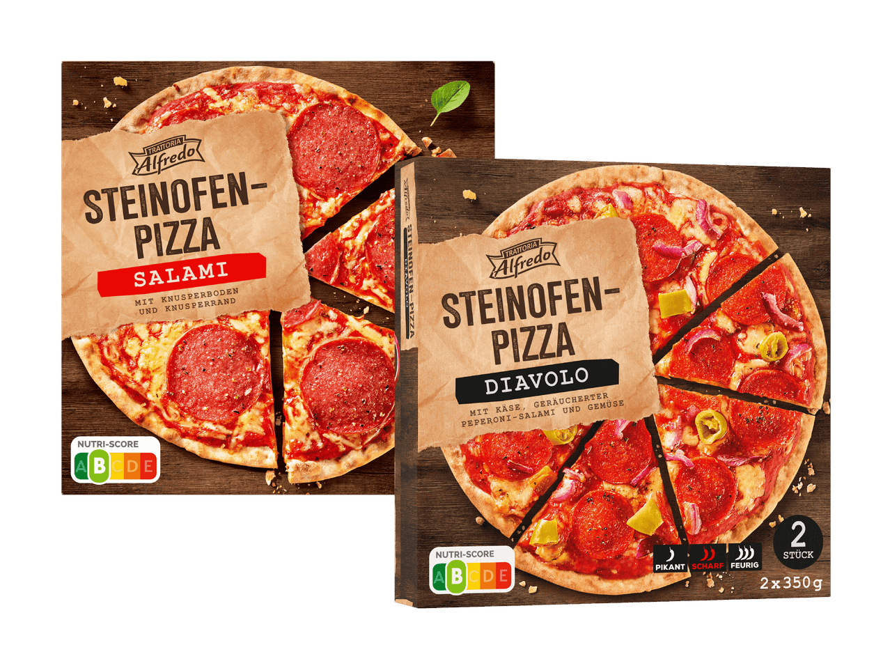 Zwei Tiefkühl-Steinofenpizzen von Aldi: Salami und Mexicana.