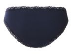 Dark blue ribbed women's briefs with lace trim.