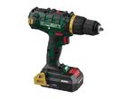 Cordless drill with a 2.0Ah battery, featuring green, black, and red accents.