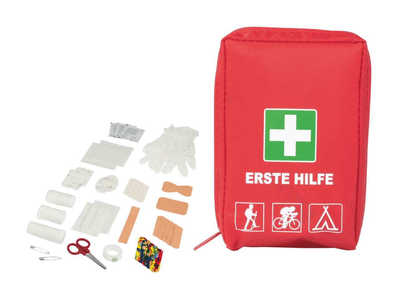 Rotes Erste-Hilfe-Set mit grünem Kreuz, „ERSTE HILFE“-Text und medizinischen Hilfsgütern.