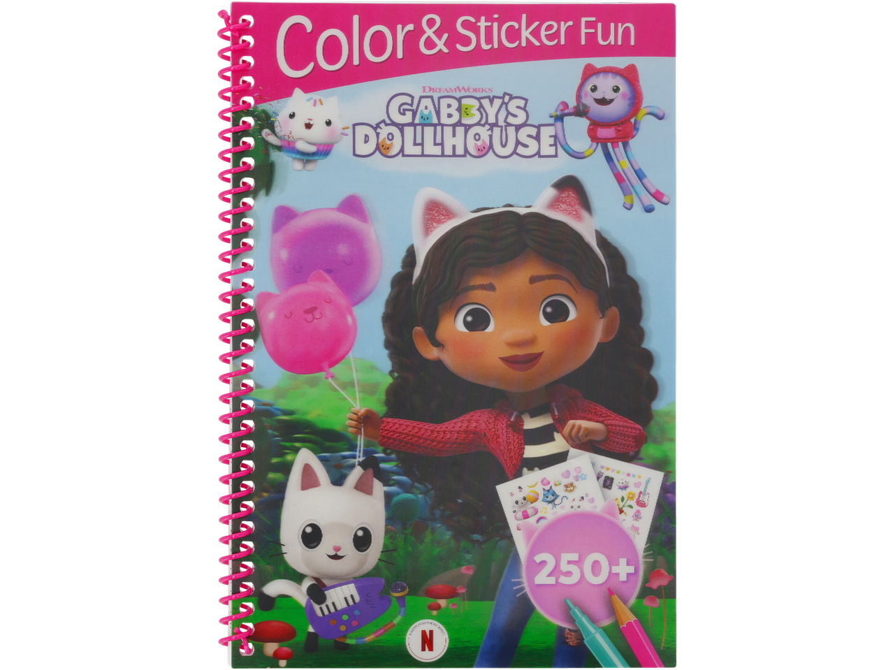 Kleur- en stickerboek met poppenhuis-thema, met tekenfilmfiguren en ballonnen.