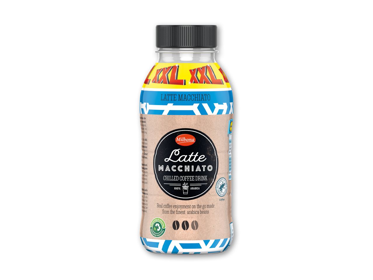 Latte Macchiato kølet kaffedrik i en flaske med teksten 'XXL' og '100% Arabica'.