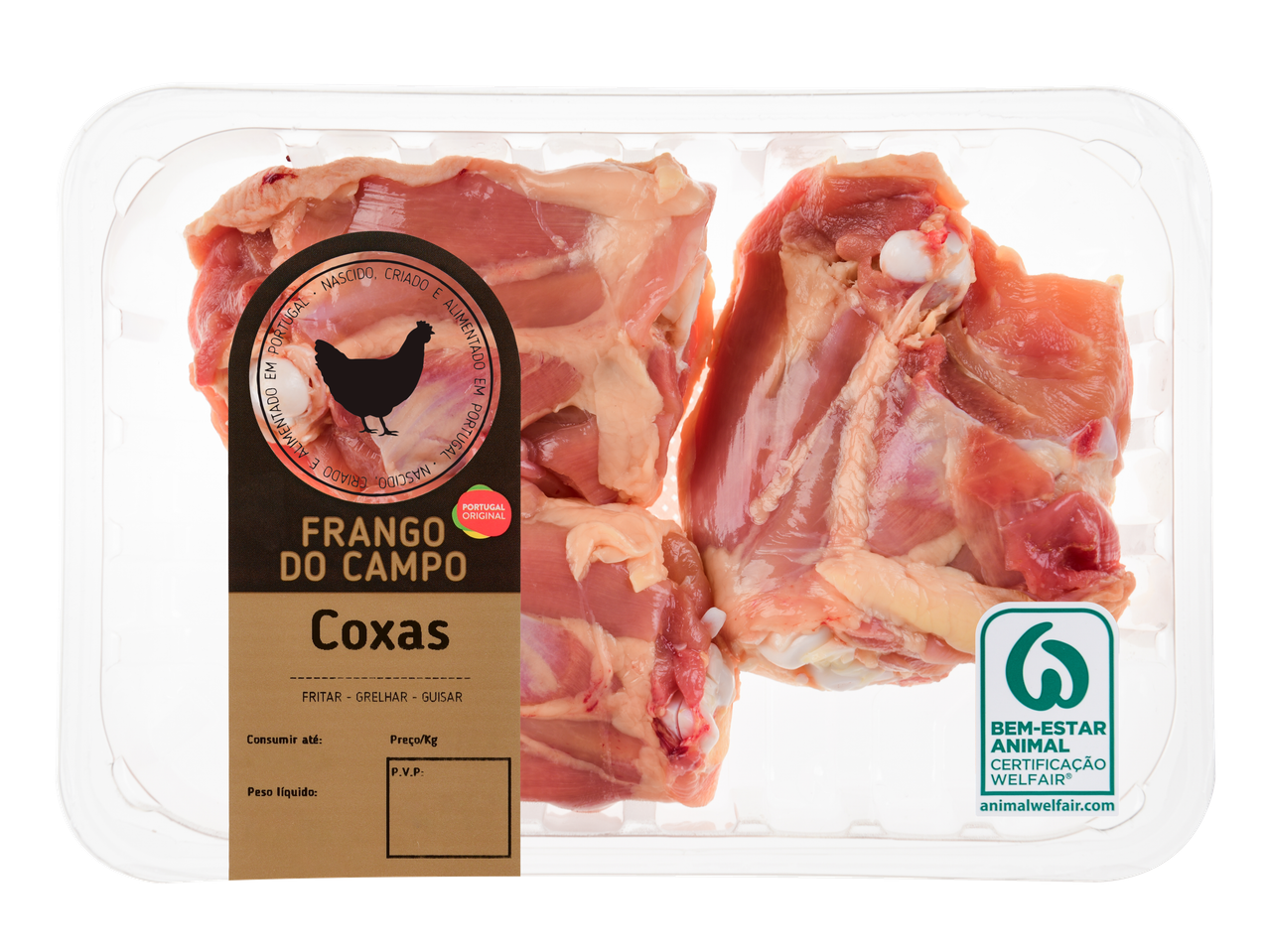 Embalagem de coxas de frango do campo com rótulos 'Portugal Original' e 'Welfair'.