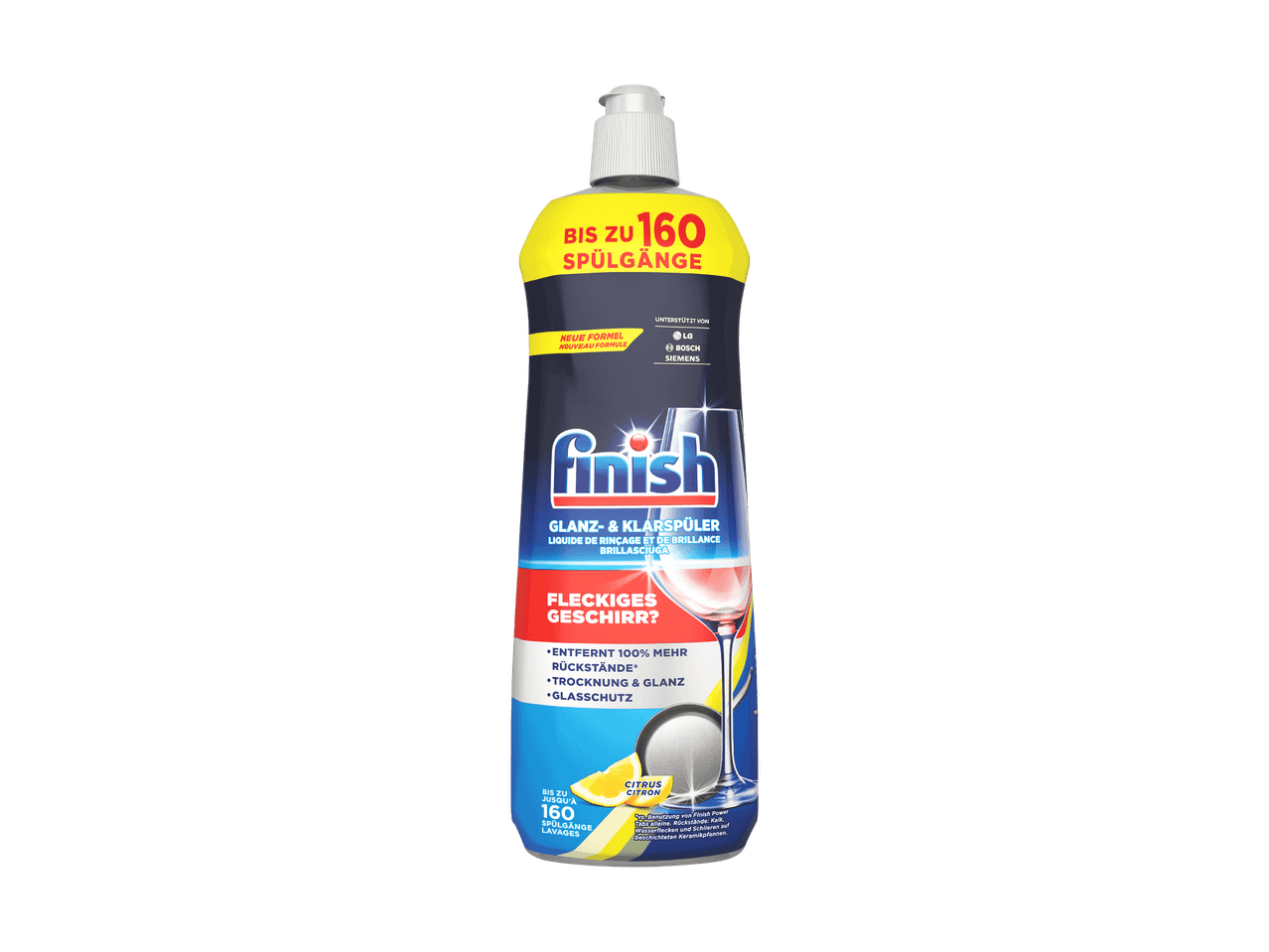 Bouteille de Finish Glanz- & Klarspüler pour lave-vaisselle, indiquant 160 lavages et un parfum d'agrumes.